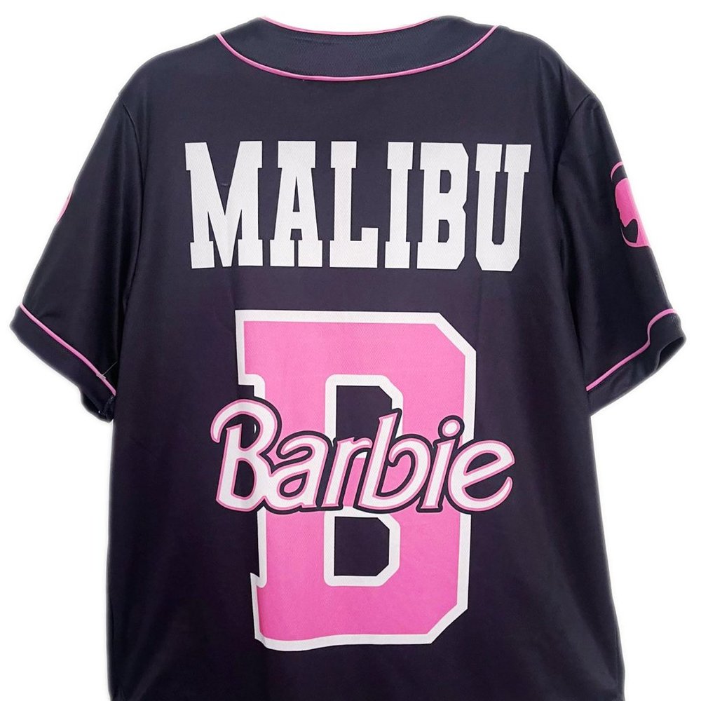 BARBIE Baseball Jersey Malibu Shirt Top Black PINK RARE Sz M L XL NEW